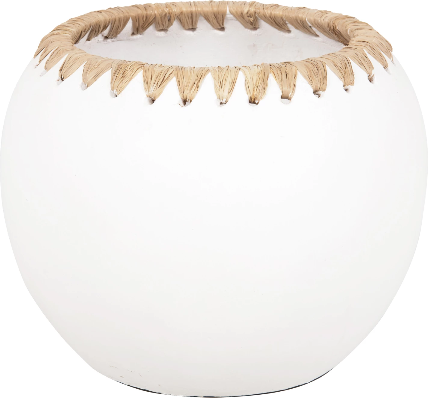 Vazo dekorative FH4375 terrakote, ngjyrë e bardhë me thurje kashtë në buzë, Φ29x23H cm