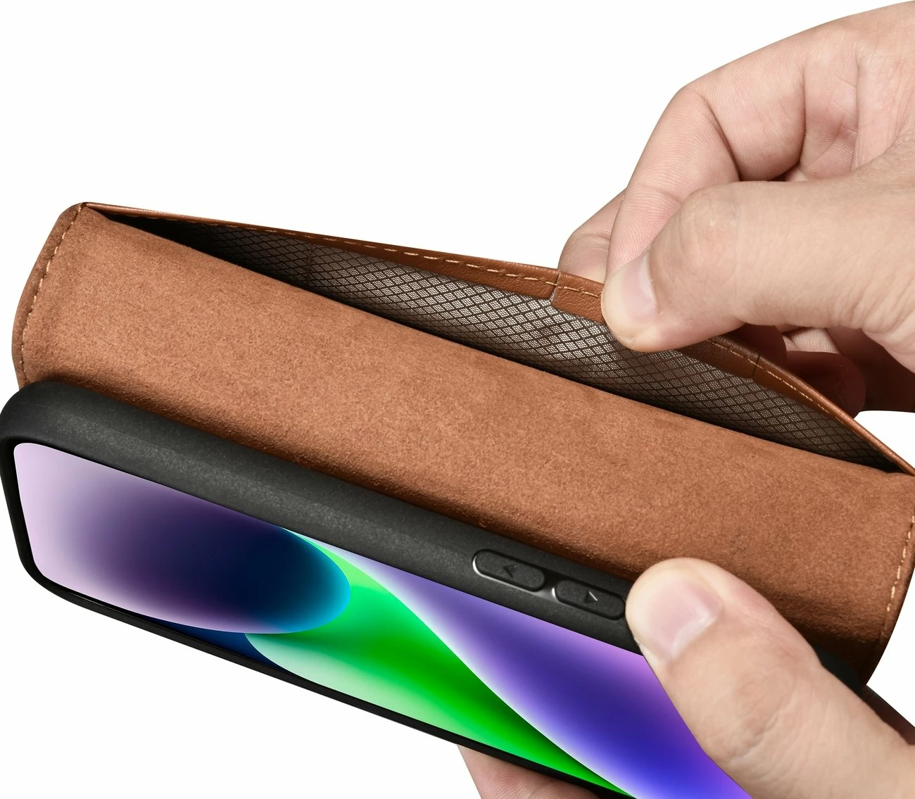 Mbështjellës iCarer Wallet 2in1 për iPhone 14 Plus, lëkurë natyrale, Anti-RFID, Kafe