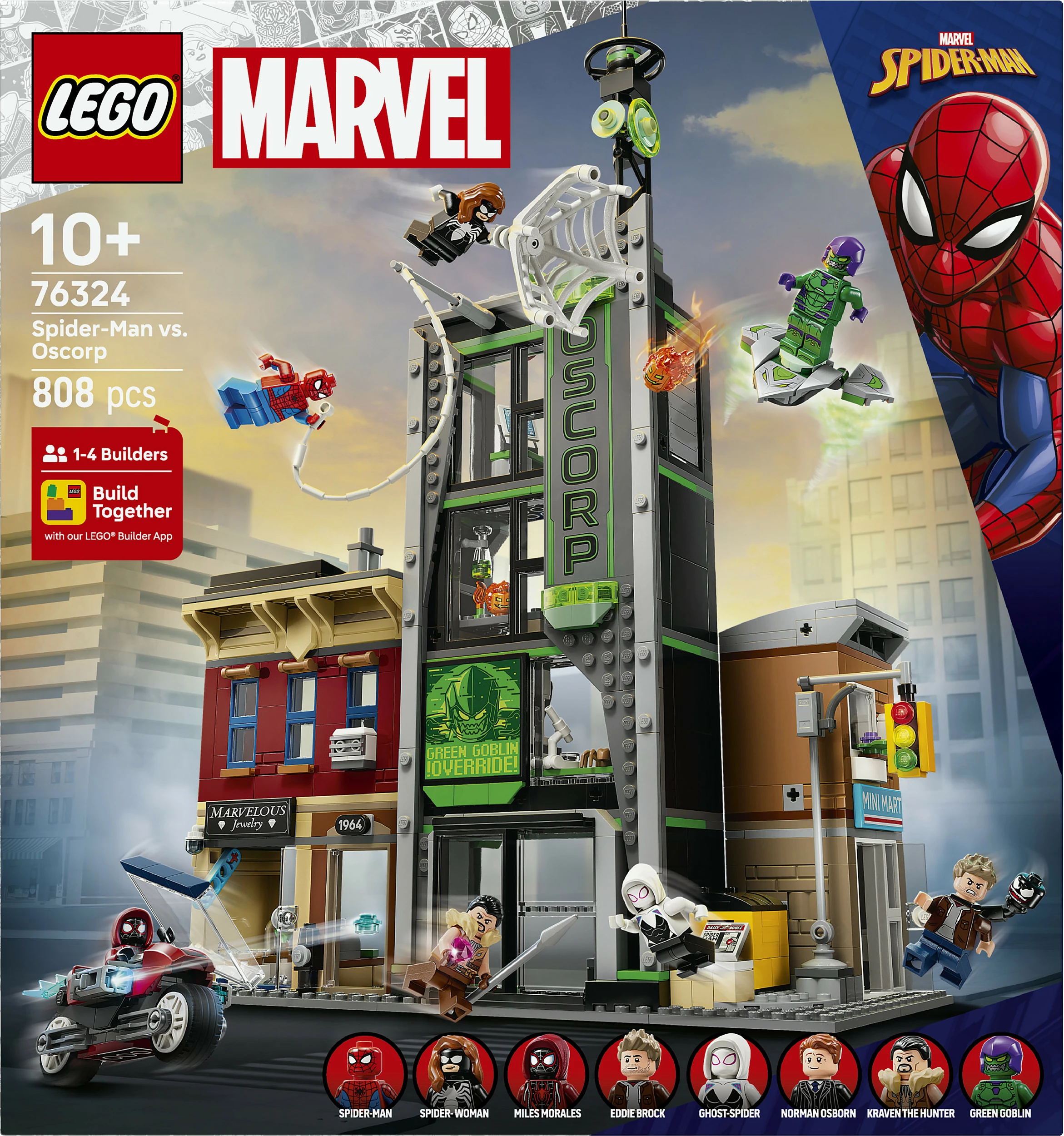 Set ndërtimi LEGO Marvel Spider-Man vs. Oscorp 76324, 808 copë, 10+, shumëngjyrësh