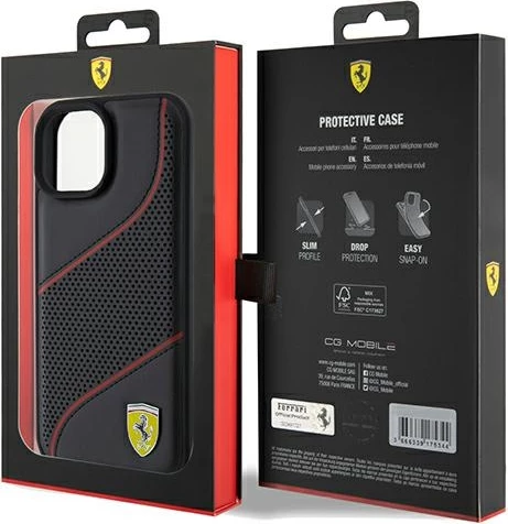 Mbështjellës Ferrari Perforated Waves Metal Logo për iPhone 15/14/13, e zezë