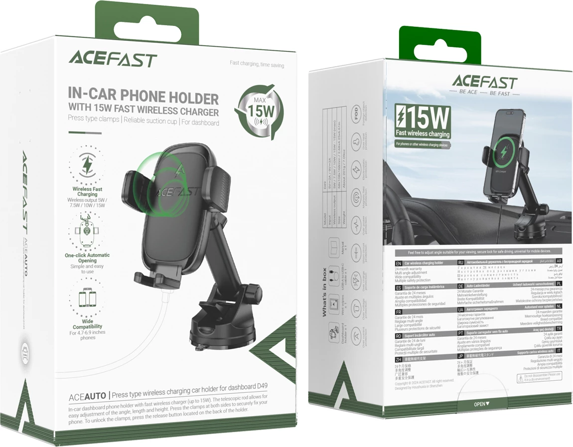 Mbajtës telefoni për veturë me karikim wireless Acefast D49 15W Qi, për dashboard/xham, për 4.7-6.9\", USB-C, e zezë, set me kabllo USB-A në USB-C