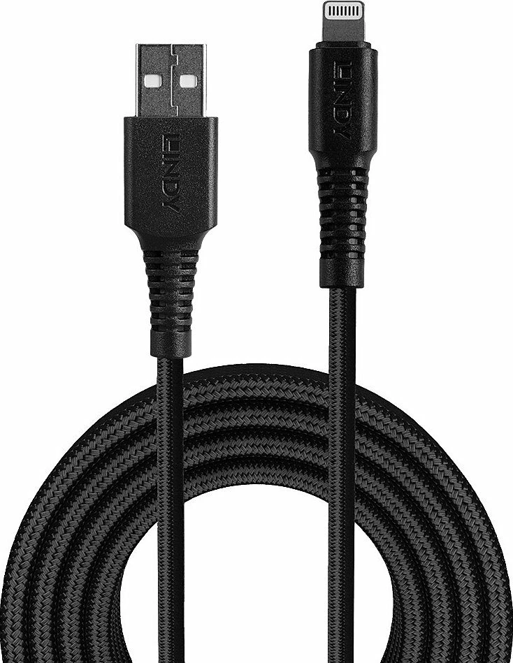 Kabllo USB-A në Lightning Lindy 31290, 0.5 m, e përforcuar, e zezë