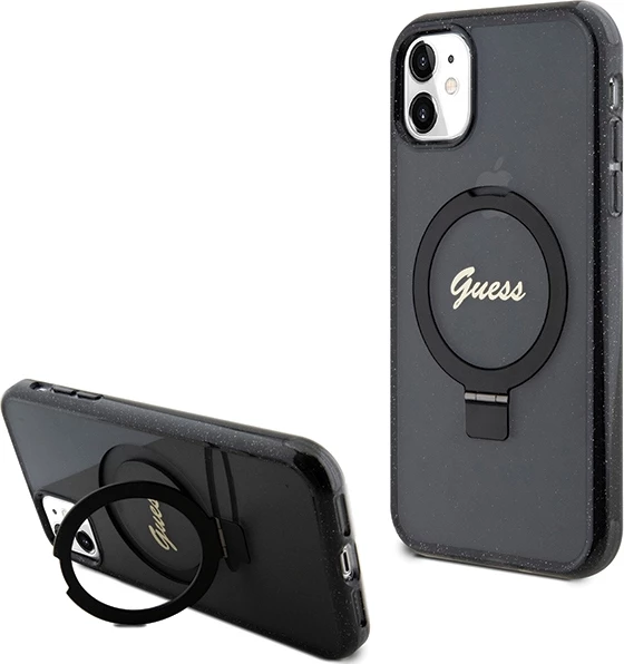 Mbështjellës Guess Ring Stand Script Glitter MagSafe për iPhone 11/XR, i zi