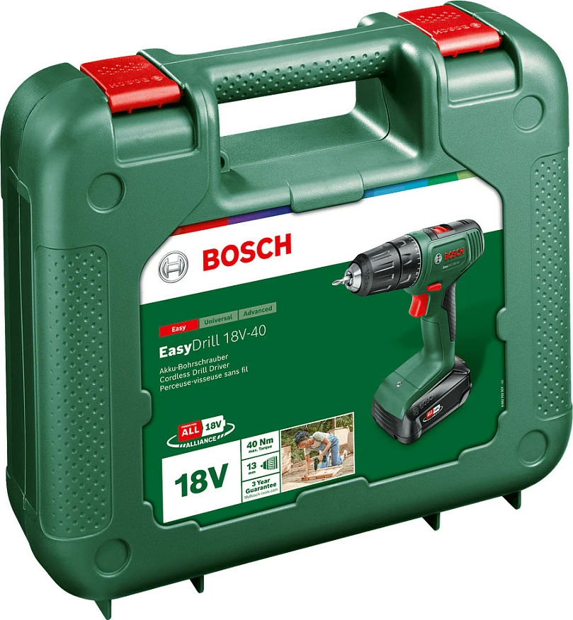 Burgji-vidhosës me bateri Bosch EasyDrill 18V-40, 18V 1.5Ah, brushless, 2 shpejtësi, jeshile/zezë