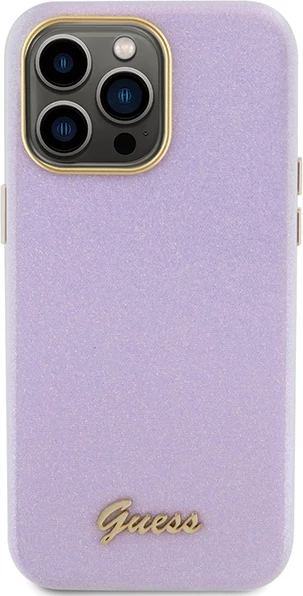 Mbështjellës Guess Glitter Glossy Script për iPhone 15 Pro, vjollcë