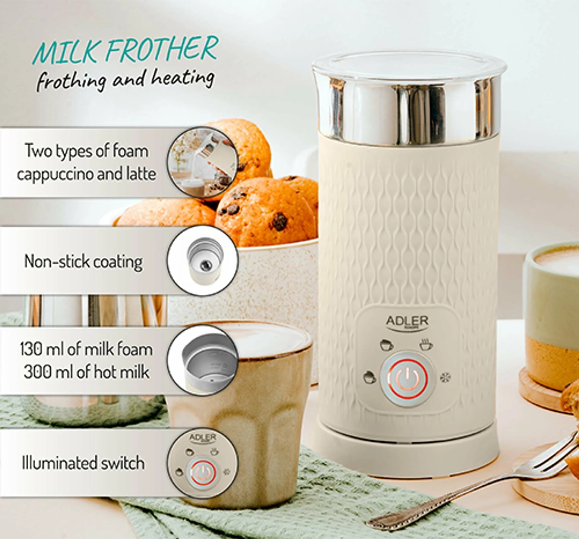 Shkumëzues qumështi Adler AD 4495 500W, me ngrohje, 300 ml/130 ml, krem