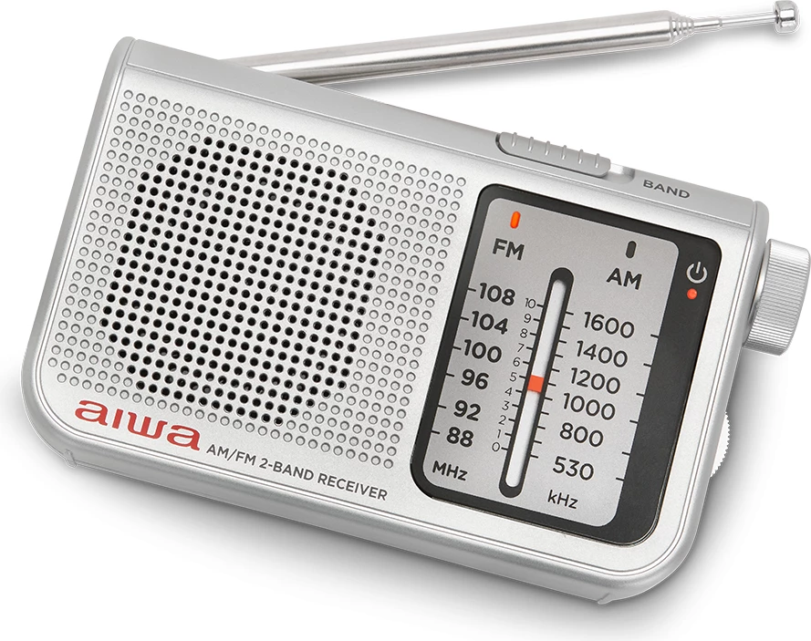Radio xhepi Aiwa RS-55/SL FM/AM, antenë teleskopike 48 cm, jack 3.5mm, Silver, set me kufje + çantë + rrip + 2x AA bateri