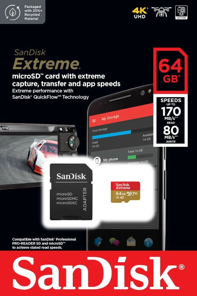 Kartelë memorie microSDXC SanDisk Extreme 64GB me adapter, 170/80 MB/s, A2 V30 U3