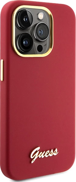 Mbështjellës Guess për iPhone 15 Pro, Silicone Script Metal Logo & Frame, Kuq