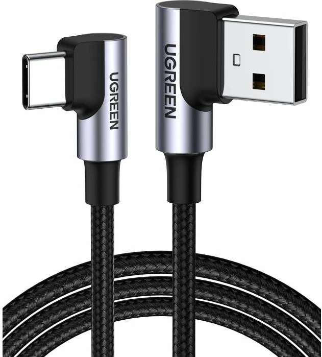 Kabllo USB-A në USB-C UGREEN 20856, 90° right-angle, fast charging 18W, 480Mbps, 1m, e zezë/argjend