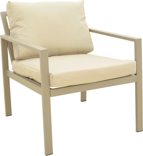 Set lounge për jashtë, 4 pjesë, kornizë alumini, ngjyrë kapuçino, jastëkë gri-bezhë