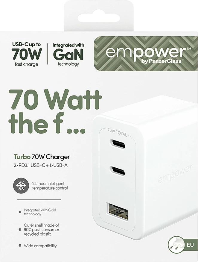Karikues PanzerGlass empower Turbo 70W, 2x USB-C + USB-A, prizë EU, bardhë
