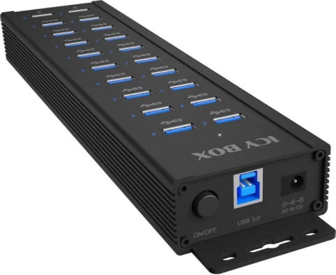 USB hub ICYBOX IB-HUB1720-U3, 20-në-1 (18x USB-A data + 2x USB-A karikim), USB 3.0, alumin, i zi, set me kabllo & furnizues rryme