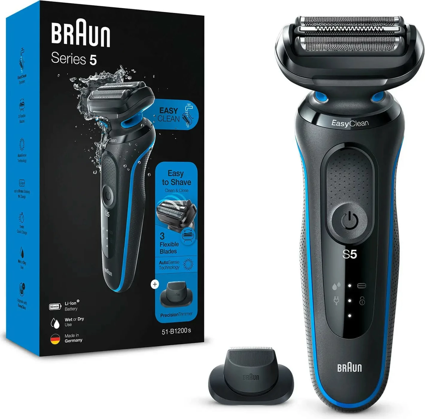 Makinë rroje Braun Series 5 51-B1200s, 3 koka, Li-Ion, blu