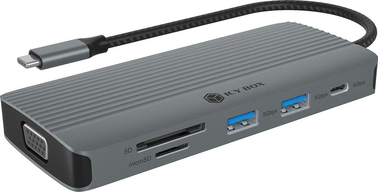 Docking station USB-C ICY BOX IB-DK4040a-CPD, 10-në-1, 4K HDMI, VGA, LAN 1Gbps, SD/microSD, USB PD, gri