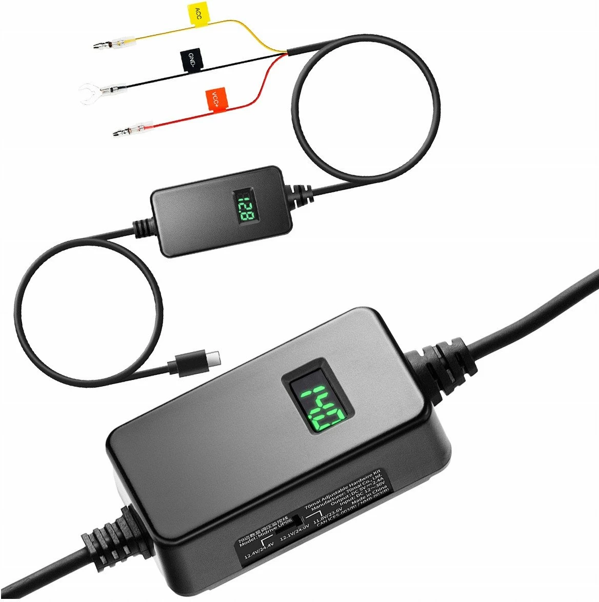 Modul furnizimi hardwire për dashcam 70mai UP06, parking mode, 5V/2.4A, display tensioni, set me konektorë siguruesash
