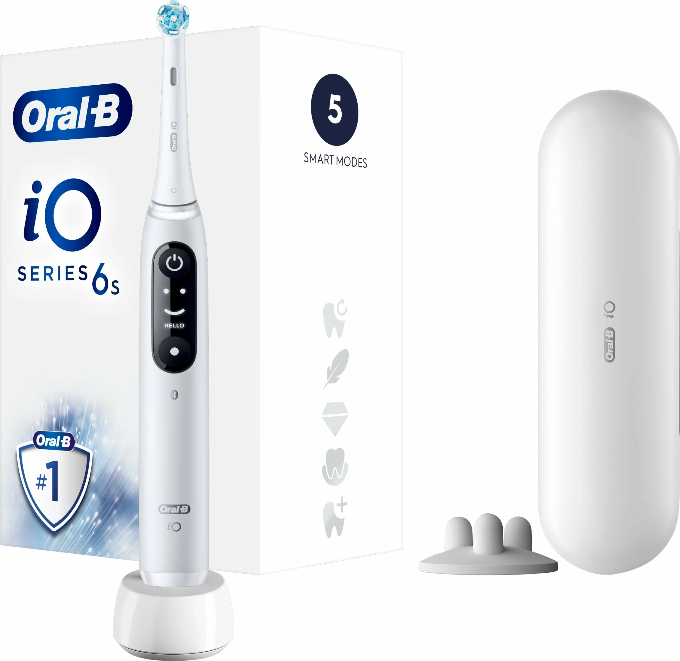 Furçë dhëmbësh elektrike Oral-B iO Series 6, 5 mënyra, OLED, me sensor presioni, me aplikacion, set 1 kokë + stacion karikimi + kuti udhëtimi, e bardhë