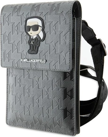 Çantë për celular Karl Lagerfeld Saffiano Monogram Ikonik, argjendtë