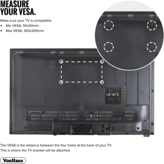 Mbajtëse fikse muri për TV VONHAUS 05/022, 15-42\", deri 40 kg, VESA 50x50-300x200, 27 mm, e zezë, me set vida