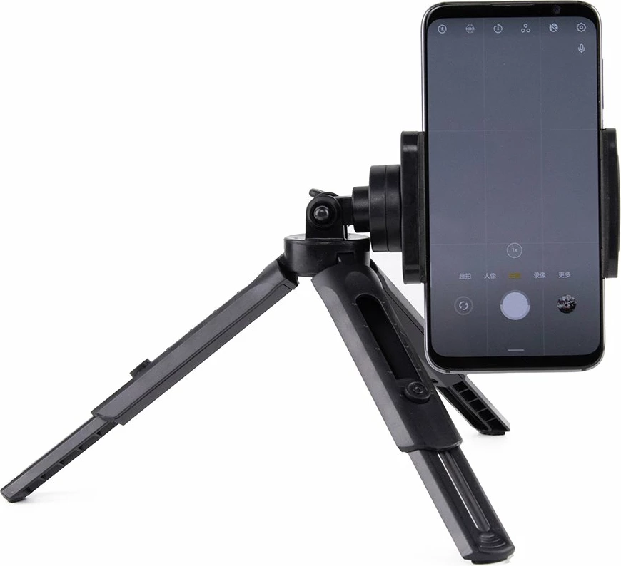 Mini tripod/selfie stick Hurtel 16-21 cm, për celular/GoPro, kllapë 55-90 mm, rrotullim 360°, i zi