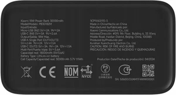 Powerbank Xiaomi PB3018ZM 30000mAh 18W, zi