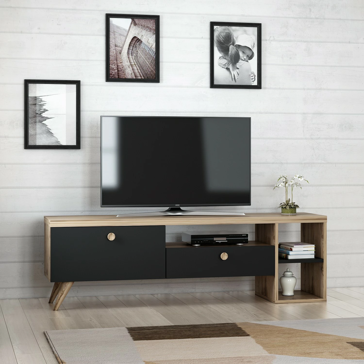 Komodë TV Parion, ngjyrë e zezë dhe lis, Hanah Home