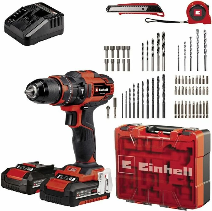 Shurubillë pa kabllo Einhell TE-CD 18/40 Li-i +64, e zezë/e kuqe, set me 2 bateri dhe 64 pjesë