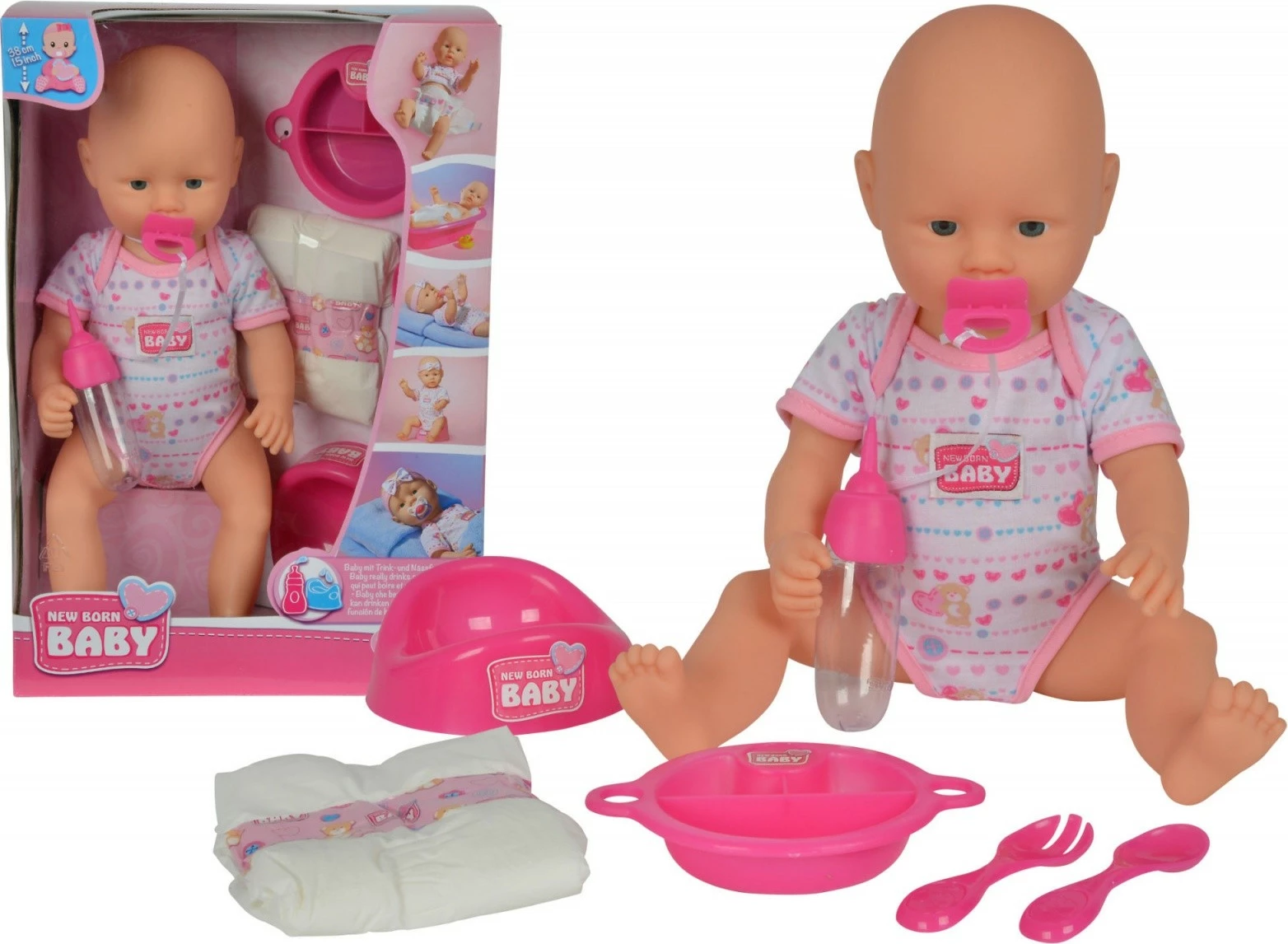 Kukull New Born Baby Simba 38 cm me aksesorë, rozë, set 7 pjesë