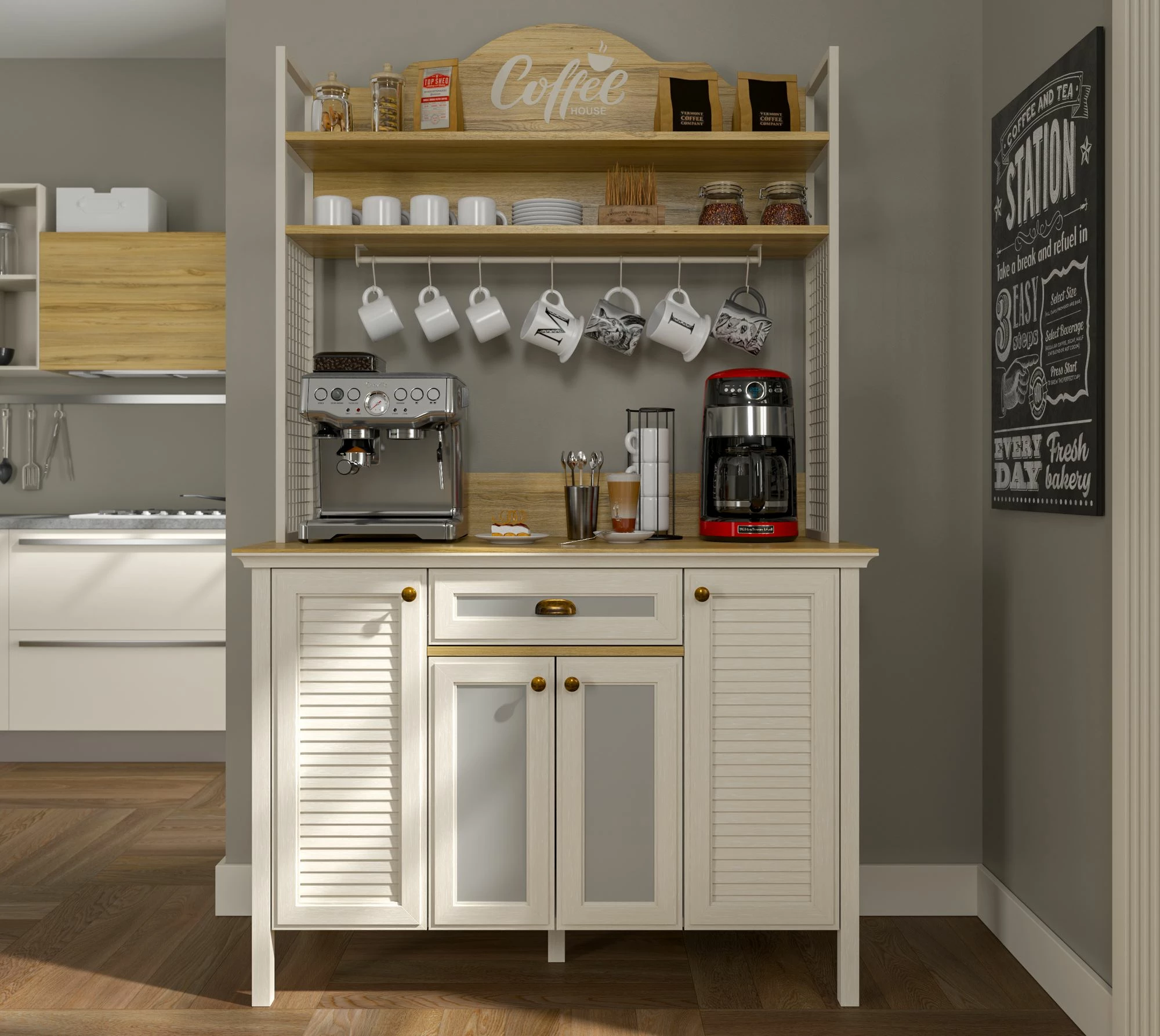 Dollap për kafe, ngjyrë krem, lis dhe e bardhë, Skye Decor, FRN-21027-1