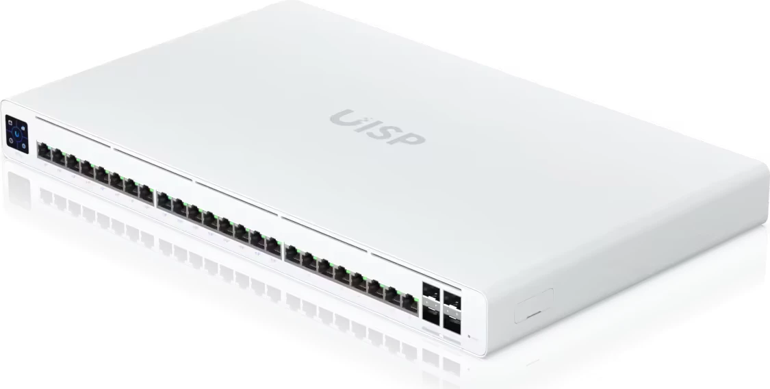 Switch rrjeti UISP Switch Pro, 24 porta GbE RJ45, 16 PoE 27V, 4 porta SFP+, 220W, i bardhë