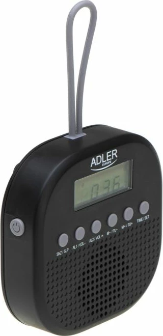 radio waterproof ADLER AD1912, FM, IPX4, me orë dhe alarm të dyfishtë, me grep silikoni, e zezë