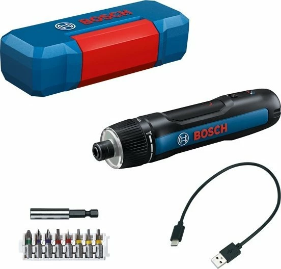 Kaçavidë pa kabllo Bosch GO 3.0 06019H2201, 3.6 V, 2 Ah, 5 Nm, USB-C, me 8 bita + kasë, e zezë/blu