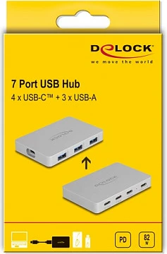USB hub DeLOCK 7-port, 4x USB-C, 3x USB-A, PD 82W, gri