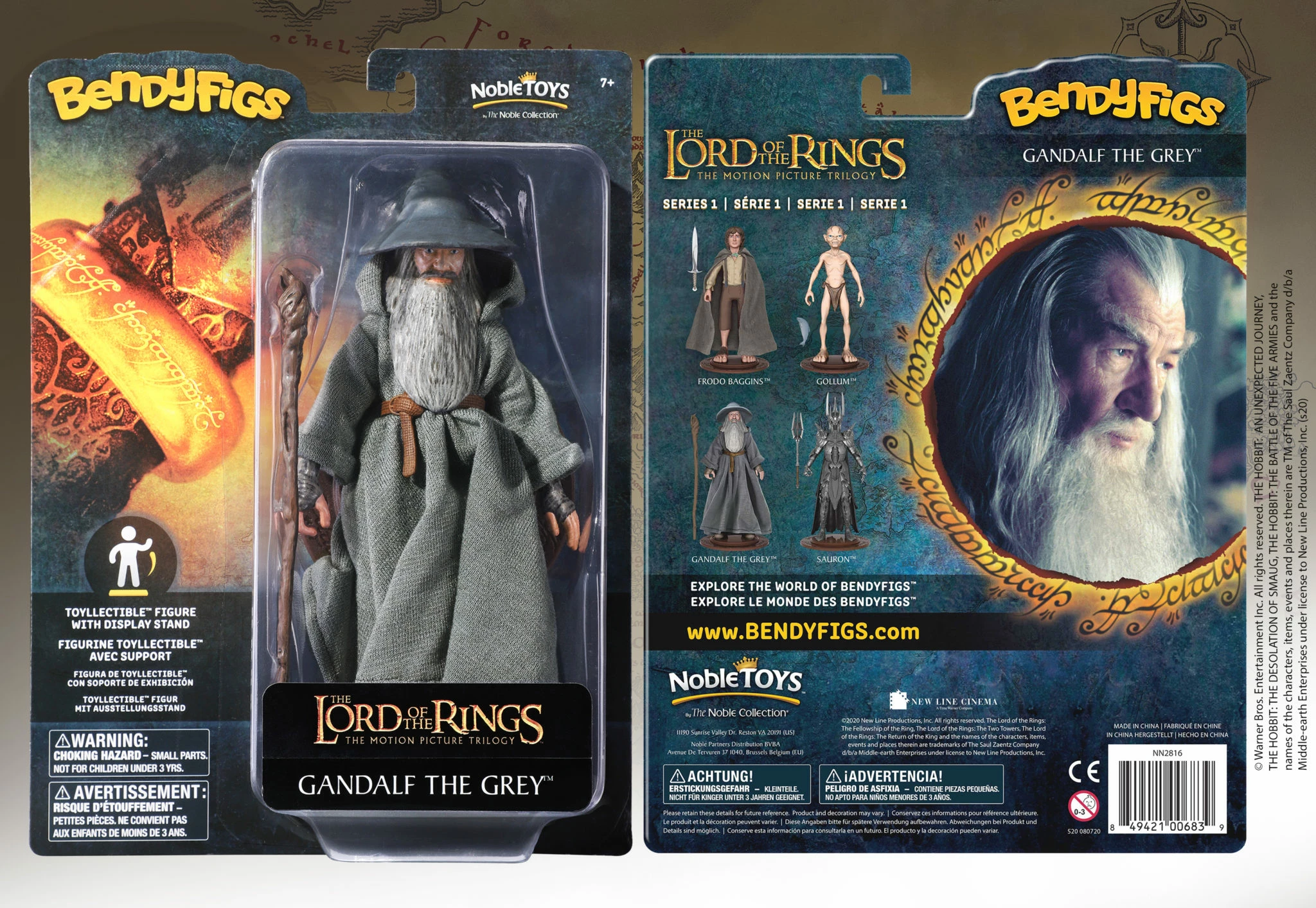 Figurë fleksibile Noble Collection Bendyfigs Lord of the Rings Gandalf the Grey, 18 cm, me mantel pëlhure, me shkop, me bazë ekspozimi