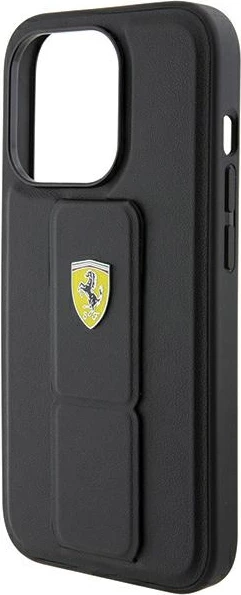 Mbështjellës Ferrari Grip Stand Metal Logo për iPhone 15 Pro, i zi