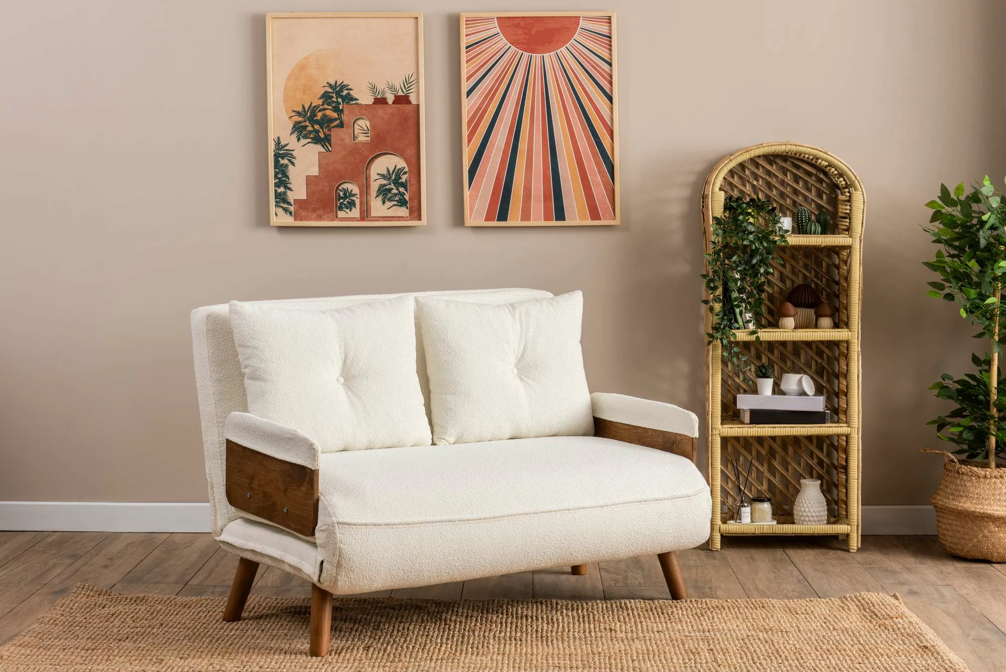 Divan 2-ulësesh, shndërrohet në shtrat, Cosmo, teddy i bardhë