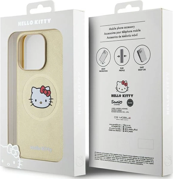 Mbështjellës Hello Kitty Leather Kitty Head MagSafe për iPhone 15 Pro, lëkurë artificiale, ari