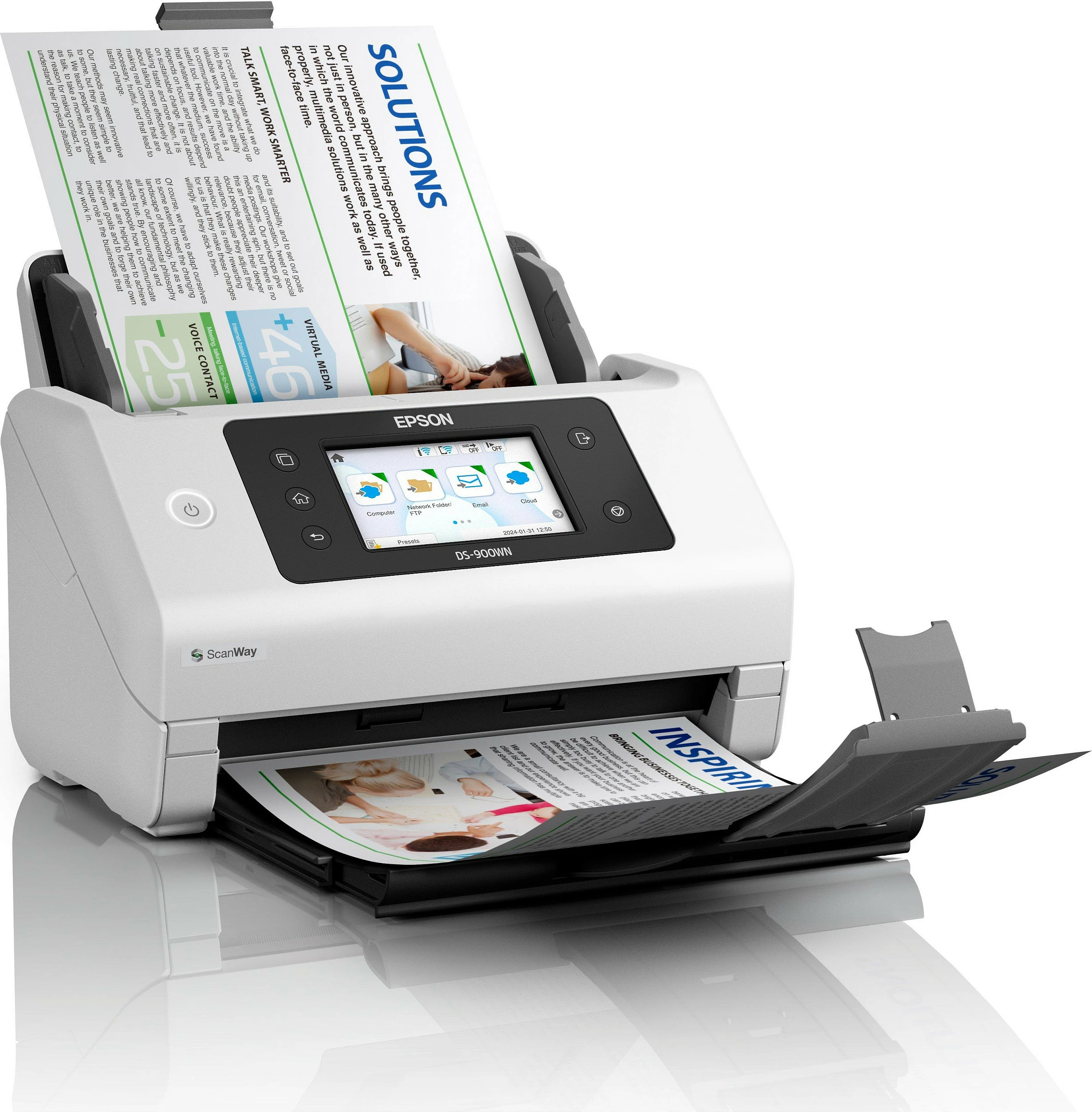 Skaner Epson WorkForce DS-900WN, A4/A3, ADF 100 fletë, Wi‑Fi/Ethernet, 70ppm/140ipm, bardhë