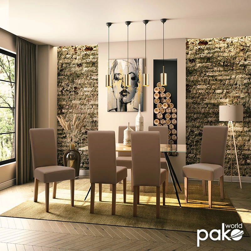 Karrige Ditta me pu ngjyrë kafe e çelët - këmbë druri arre, set prej 2 copë