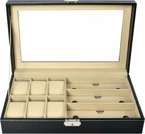 Organizer për ora dhe syze Ikonka 6+3 ndarje, me kyç, 33.5x20.5x8 cm, set me çelës, i zi