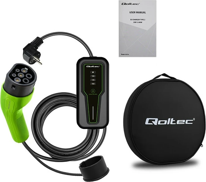 Karikues mobil EV, Qoltec 52574, Type 2, 3.5kW 230V, 1-fazë, rregullim 8A/10A/13A/16A, kabllo 4m, LCD, IP65 IK09, me çantë, e zezë e gjelbër