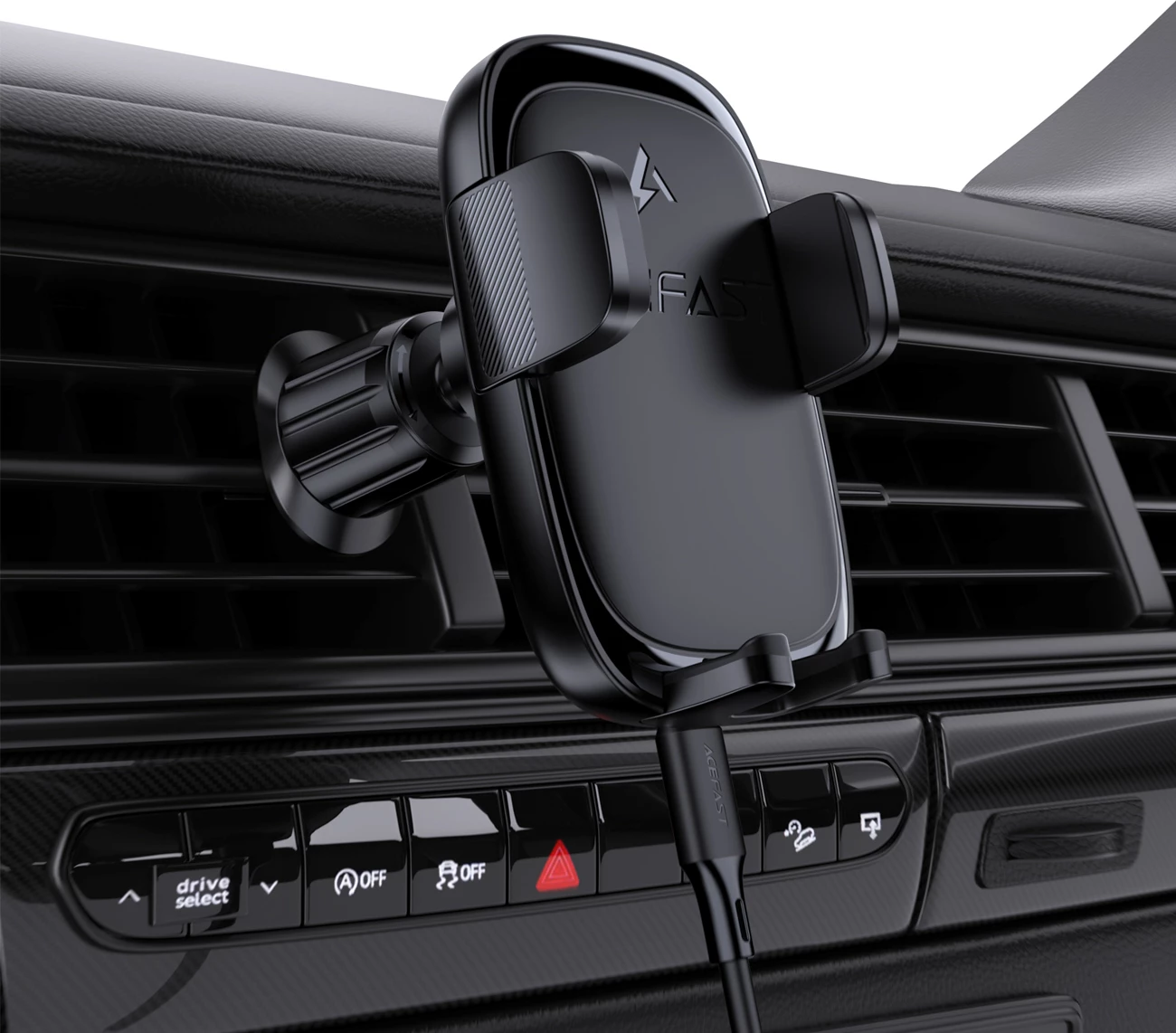 Mbajtëse ventilimi makine me karikues wireless Qi 15W Acefast D48, e zezë, set (me kabllo USB-A në USB-C)