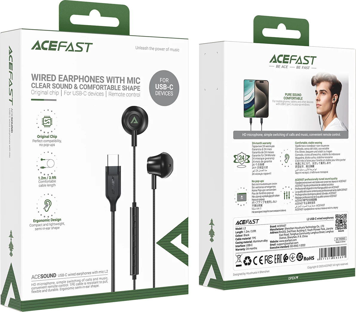 Kufje Acefast L2 in-ear me USB-C, mikrofon dhe komandë, 1.2m, Zezë