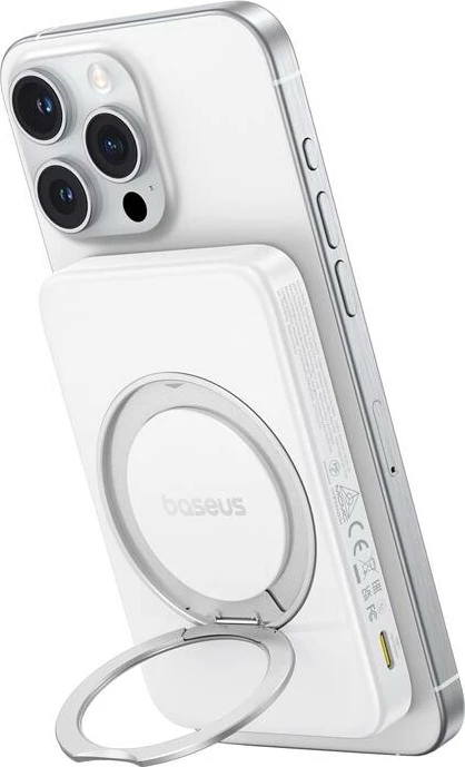 Powerbank magnetik me mbajtëse, Baseus PicoGo Qi2 P10076800213-01, 5000mAh, 20W, karikim wireless Qi2 15W, USB-C, e bardhë