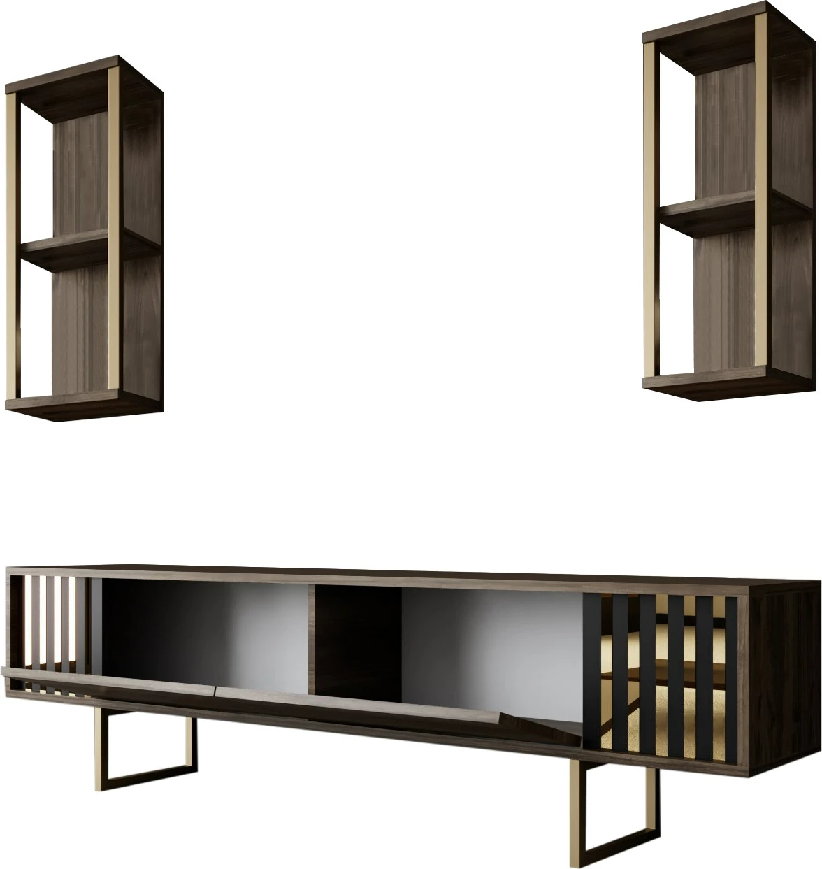 Komodë TV Hanah Home, Gold Line, ngjyrë arre dhe e zezë, me dy rafte muri