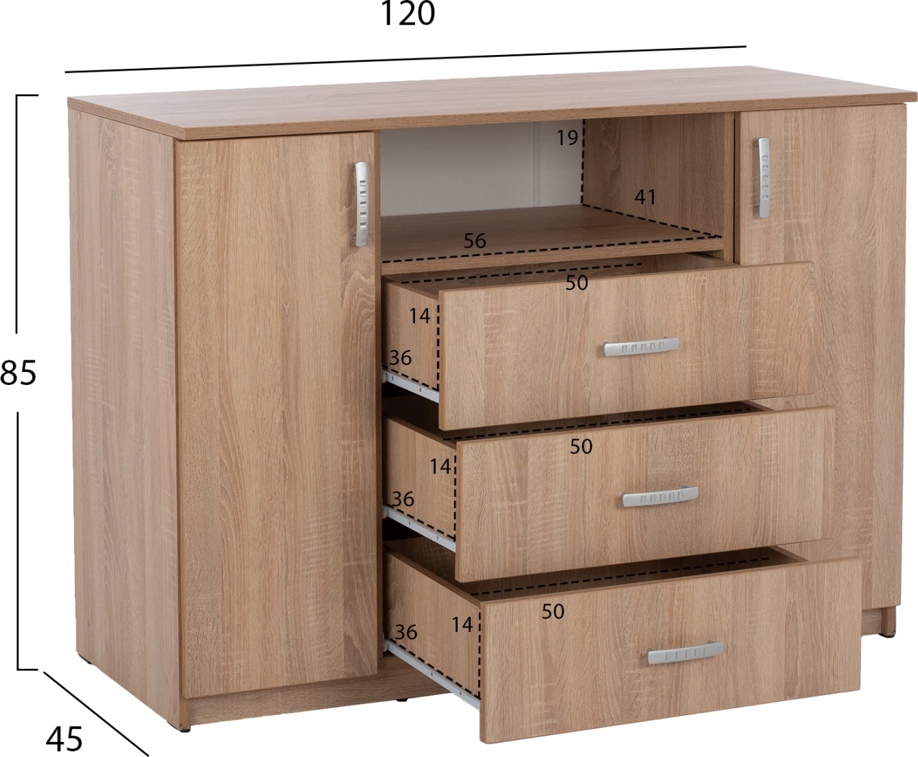 Bufe me 2 kabinete dhe 3 sirtarë, ngjyrë lisi, FH2430, 120x45x85 cm