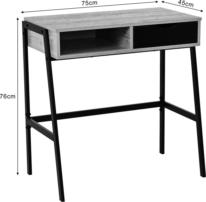 Tavolinë zyre me raft dhe sirtar Rezio, ngjyrë lisi, këmbë metalike të zeza, 75x45x76cm