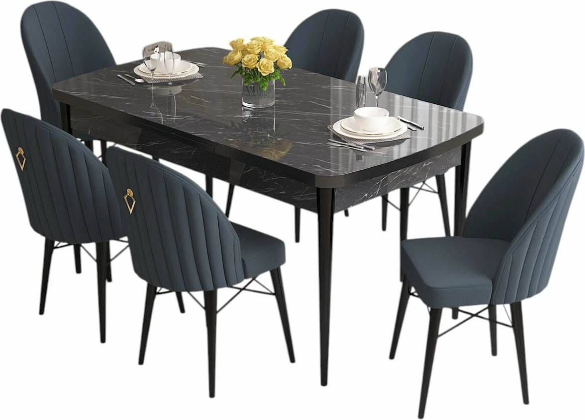 Set tavoline me karrige për ngrënie, zgjatues, Skye Decor, rozë, mermer i zi, antracit, 7 copë
