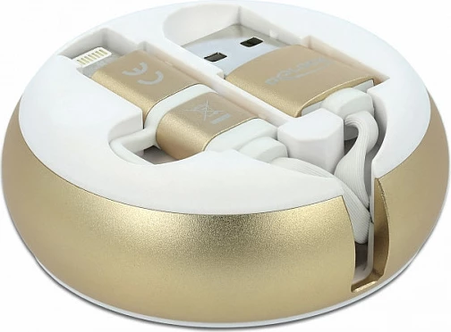 Kabllo USB DeLOCK 2n1 tërheqëse, USB-A në Micro-USB/Lightning, 0.92 m, USB 2.0, 2.1A, bardhë/ari