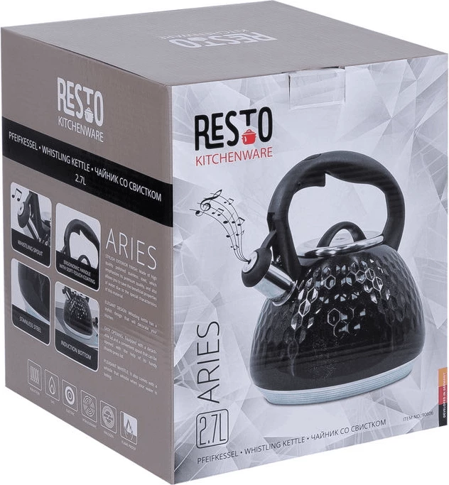 Çajnik me fishkëllimë Resto Aries 90606 2.7L inox, zi, në kuti dhurate
